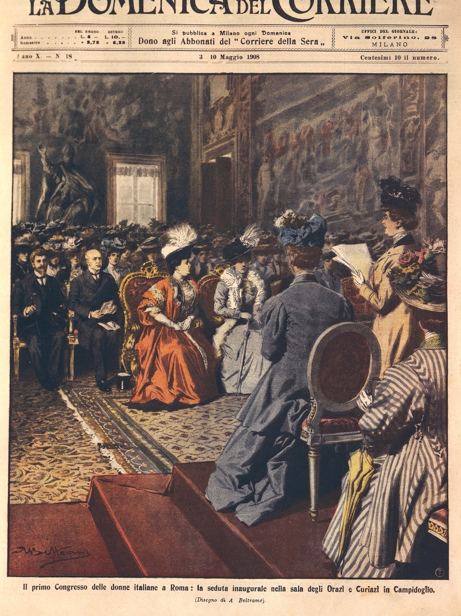 Premier congrès des femmes italiennes au Capitole, Rome, illustration par Achille Beltrame de La Domenica del Corriere, 3 mai - Achille Beltrame