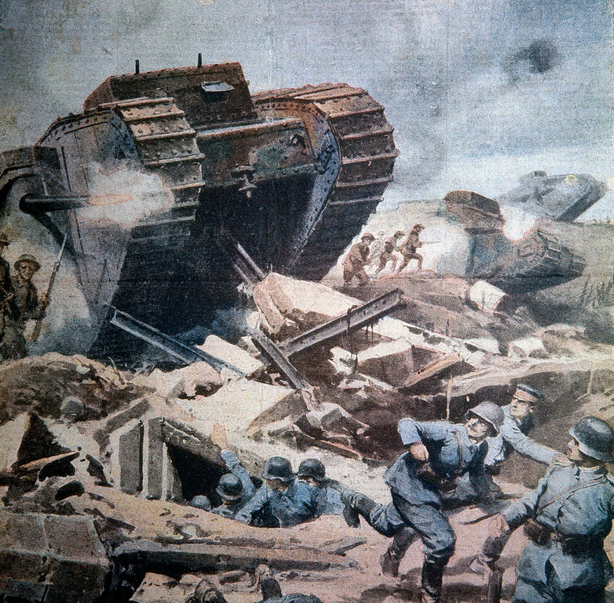 Première Guerre mondiale (1914-1918) : « Assauts des chars anglais en Picardie » Illustration d