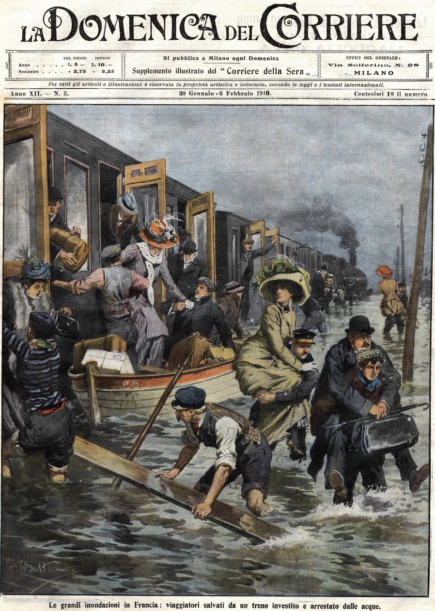 Inondations autour de Paris en janvier 1910 couverture de la "Domenica del Corriere" du 6 février - Achille Beltrame