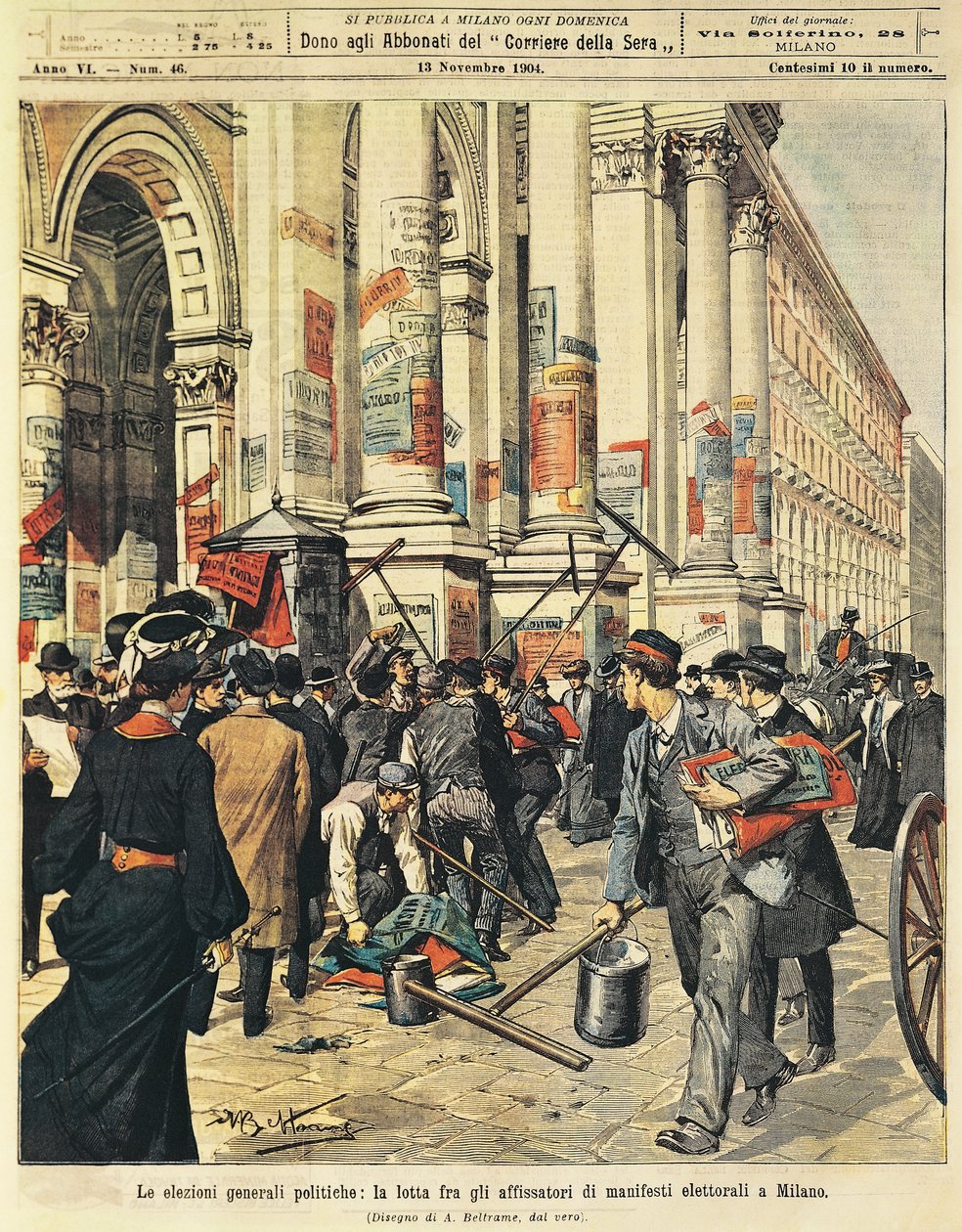 Élections générales à Milan : confrontations entre personnes collant des affiches politiques à Milan, par Achille Beltrame, de La Domenica del Corriere - Achille Beltrame