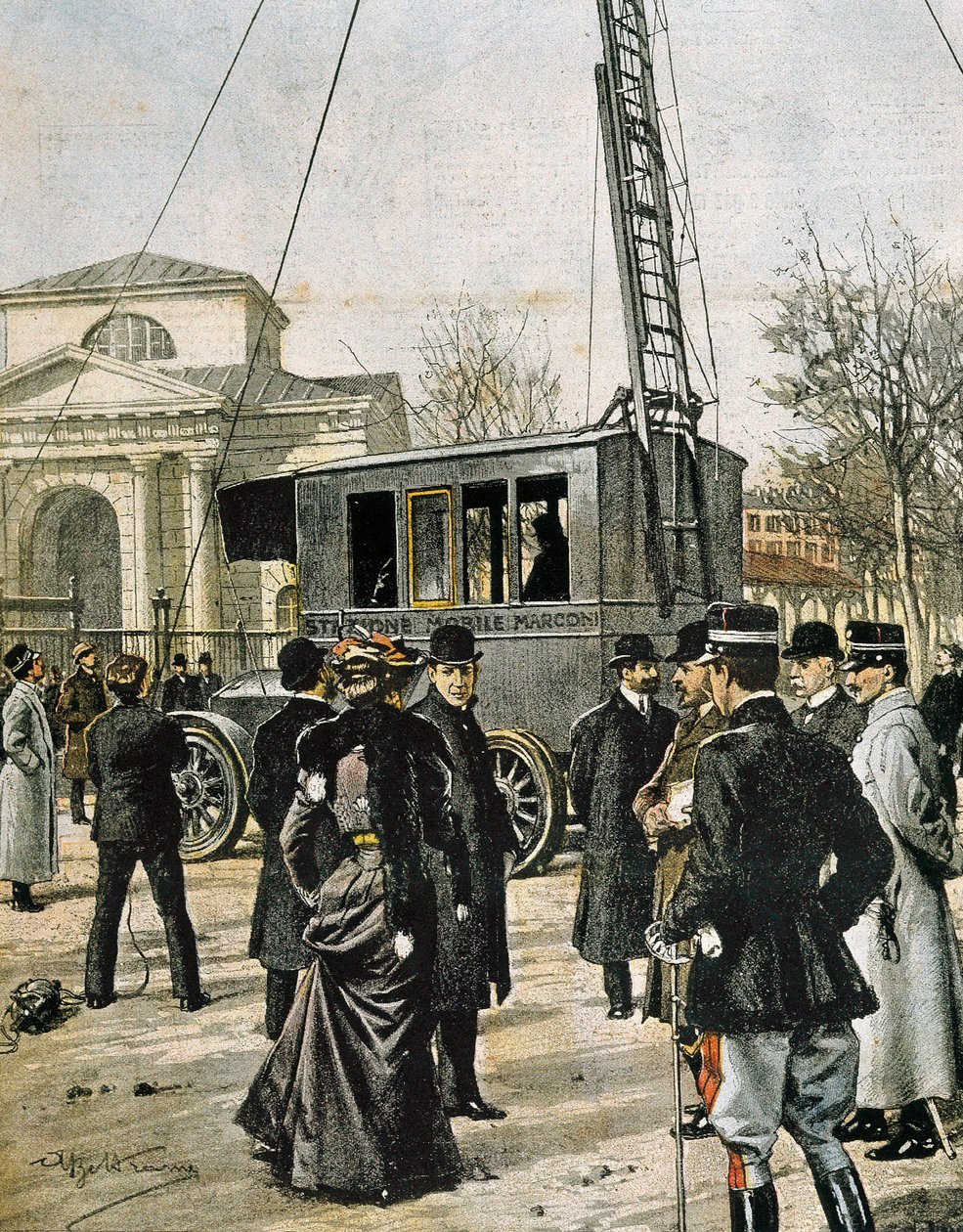 Guglielmo Marconi assiste à Milan au test de la première station radio mobile. Illustration d