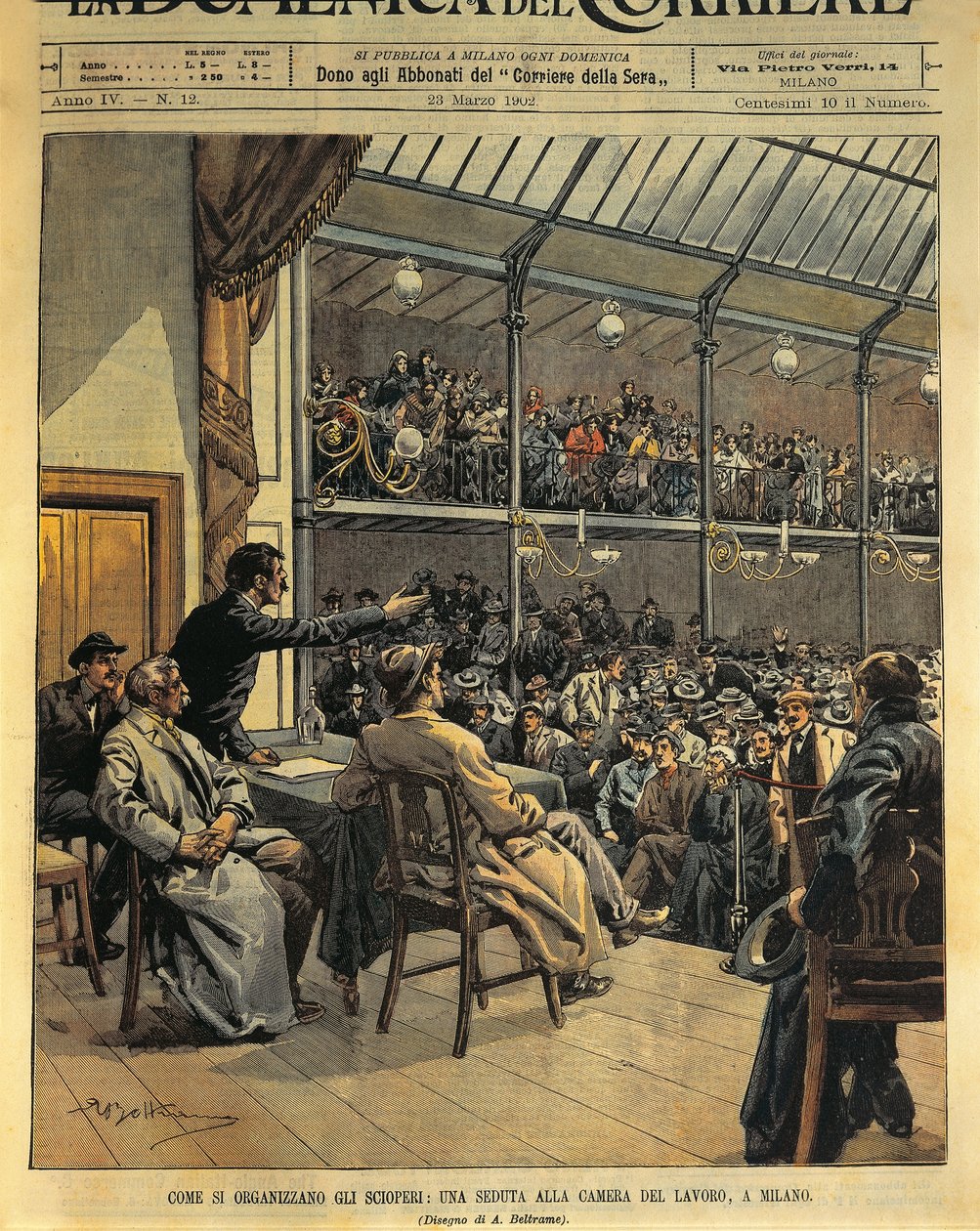 Comment organiser des grèves, session de la Chambre du Travail à Milan, illustration par Achille Beltrame de La Domenica del Corriere, 23 mars - Achille Beltrame
