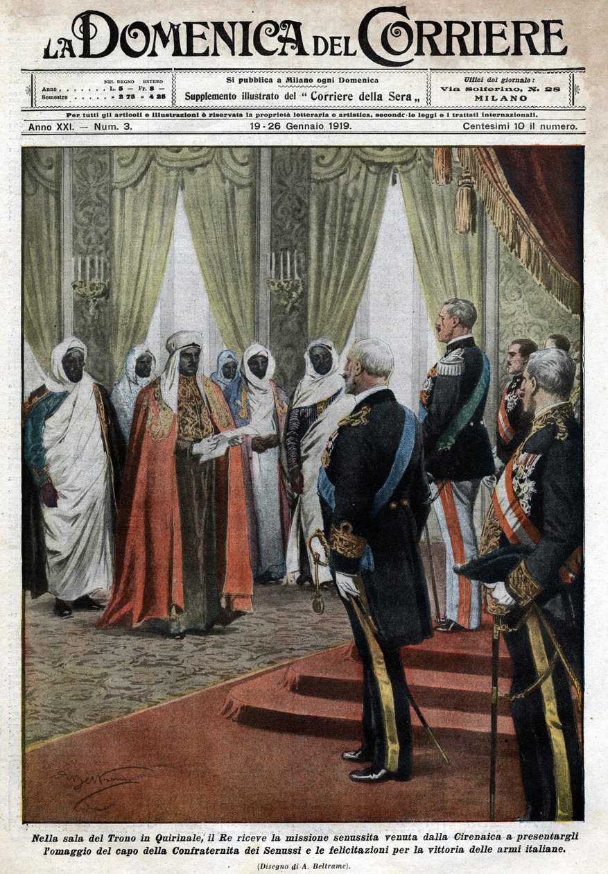 Dans la salle du trône au palais du Quirinal, le roi italien Victor Emmanuel III a reçu la mission senousiste de la Cyrénaïque (en Libye) venue rendre hommage et félicitations pour la victoire des troupes italiennes - Achille Beltrame