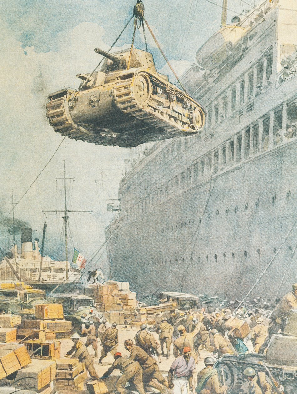 Convoi italien arrivant à destination en Libye, par Achille Beltrame, illustration, de La Domenica del Corriere - Achille Beltrame