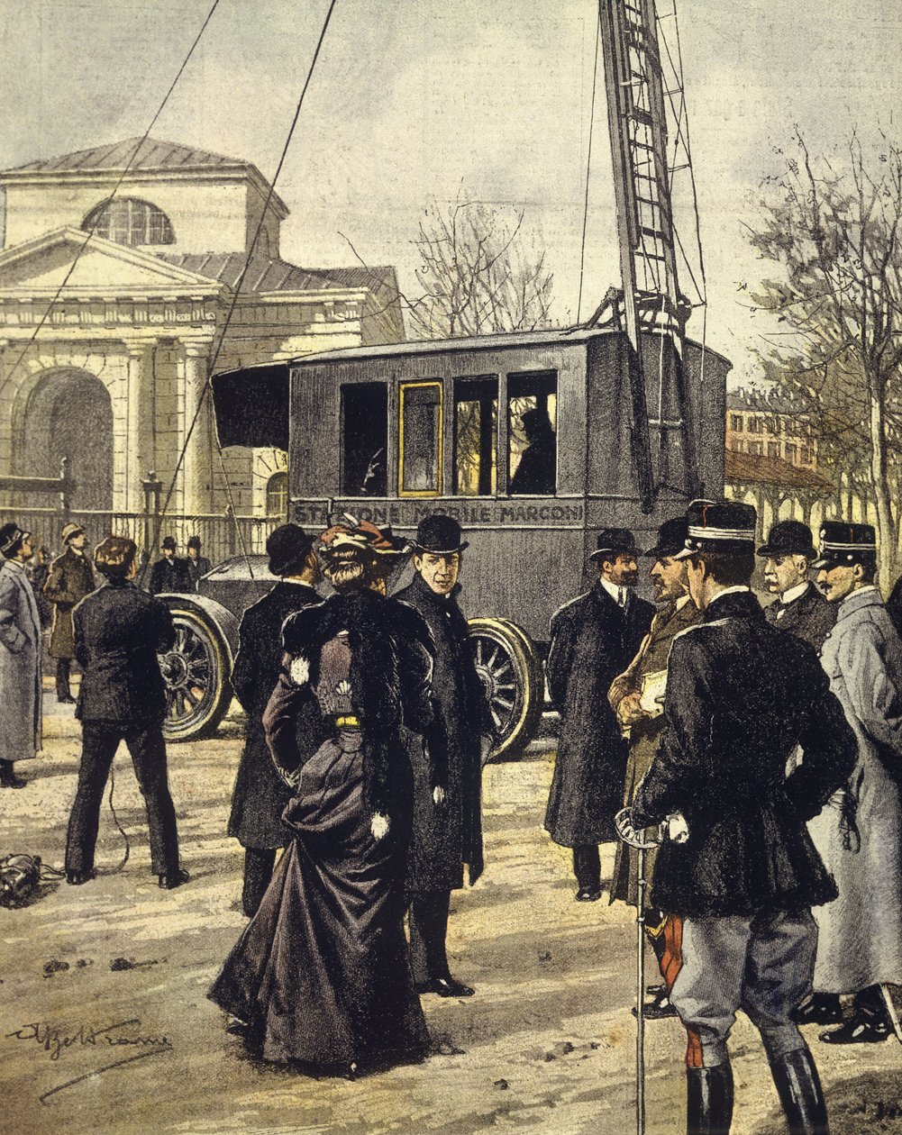 Le physicien italien Guglielmo Marconi assiste à des expériences avec la première station de radio mobile à Milan, 30 décembre - Achille Beltrame