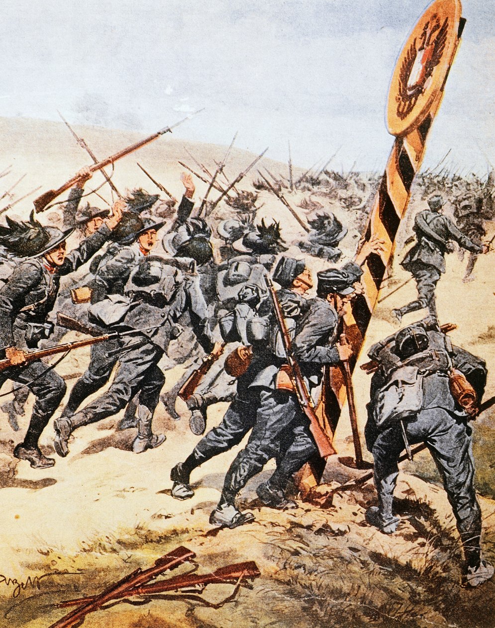 Soldats italiens traversant la frontière autrichienne, par Achille Beltrame, illustration de La Domenica del Corriere, juin 1915 - Achille Beltrame