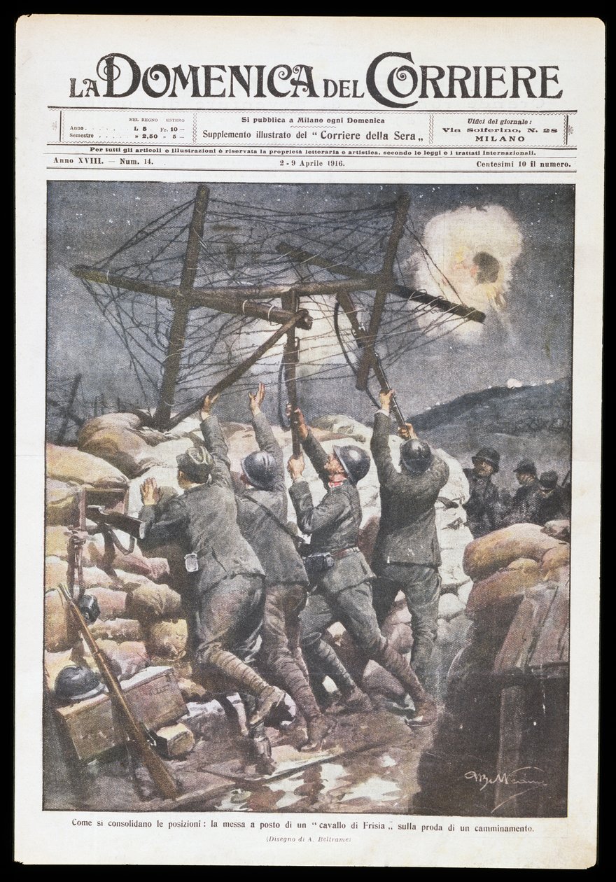 Soldats italiens mettant un cheval frison sur une tranchée, plaque par Achille Beltrame pour Domenica del Corriere, 2-9 avril 1916, Première Guerre mondiale, Italie, 20e siècle - Achille Beltrame