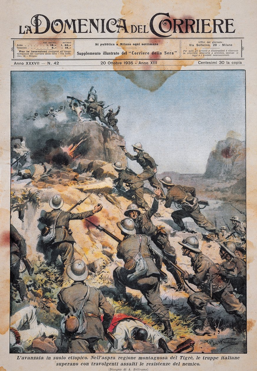 Troupes italiennes avançant sur le sol éthiopien, illustration de La Domenica del Corriere, 20 octobre - Achille Beltrame