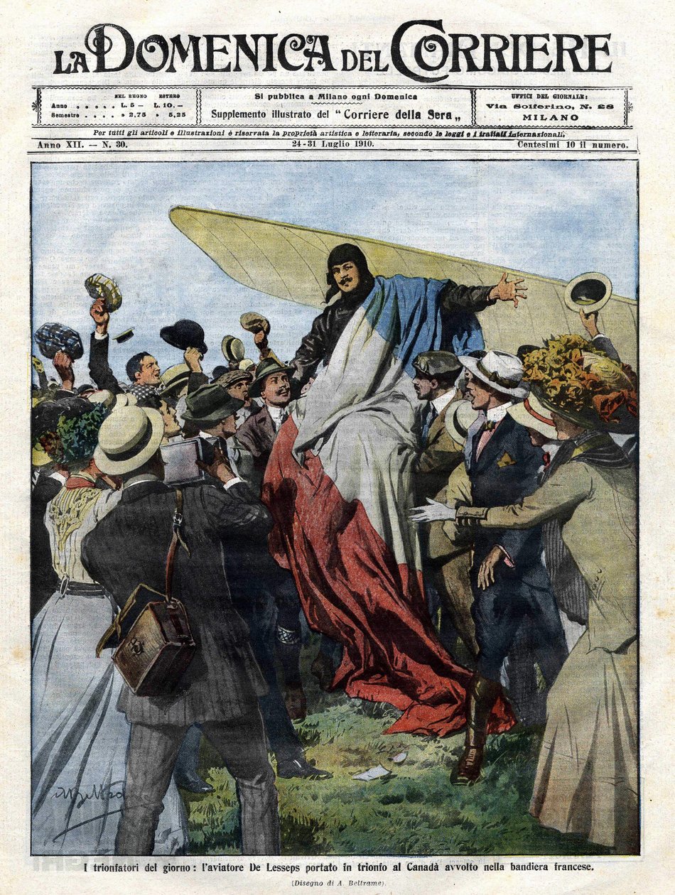 Jacques de Lesseps (1883-1927) à son arrivée au Canada en 1910. Illustration par Achille Beltrame pour la "Domenica del Corriere" du 24 juillet - Achille Beltrame
