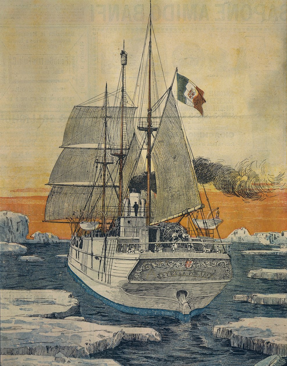 Voyage au pôle Nord : Navire Stella Polare qui a transporté le prince Luigi Amedeo de Savoie-Aoste, duc des Abruzzes, à la baie de Teplitz sur l