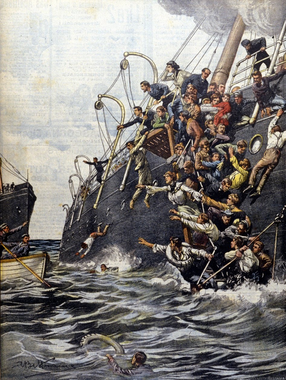 La catastrophe du Liban : les passagers se jettent à la mer après la collision avec un autre paquebot au large de Marseille. Illustration de Beltrame. La Domenica del corriere. 1903 - Achille Beltrame
