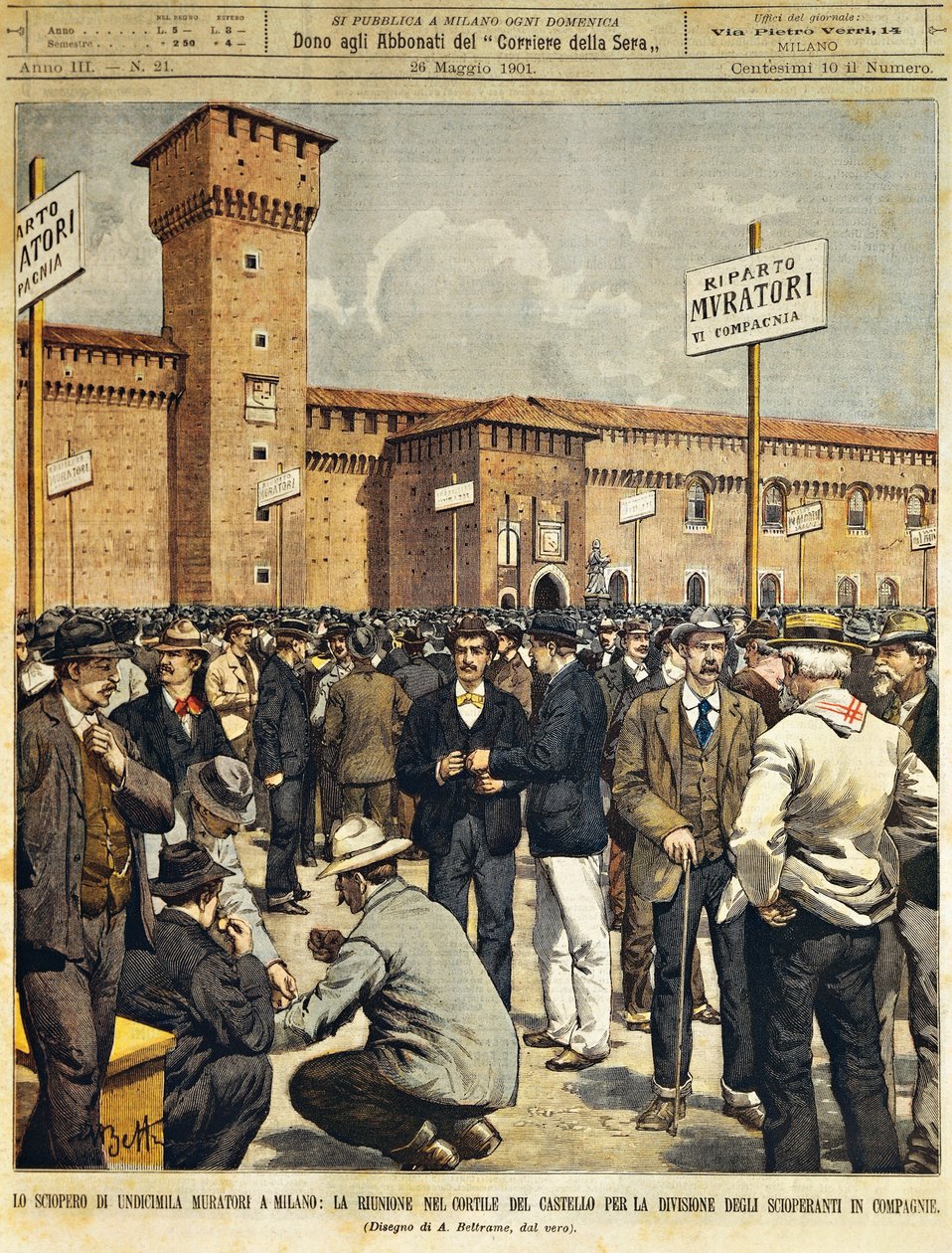 Grève massive des constructeurs à Milan : Réunion publique dans la grande cour du château des Sforza, par Achille Beltrame, de La Domenica del Corriere, 26 mai 1901 - Achille Beltrame