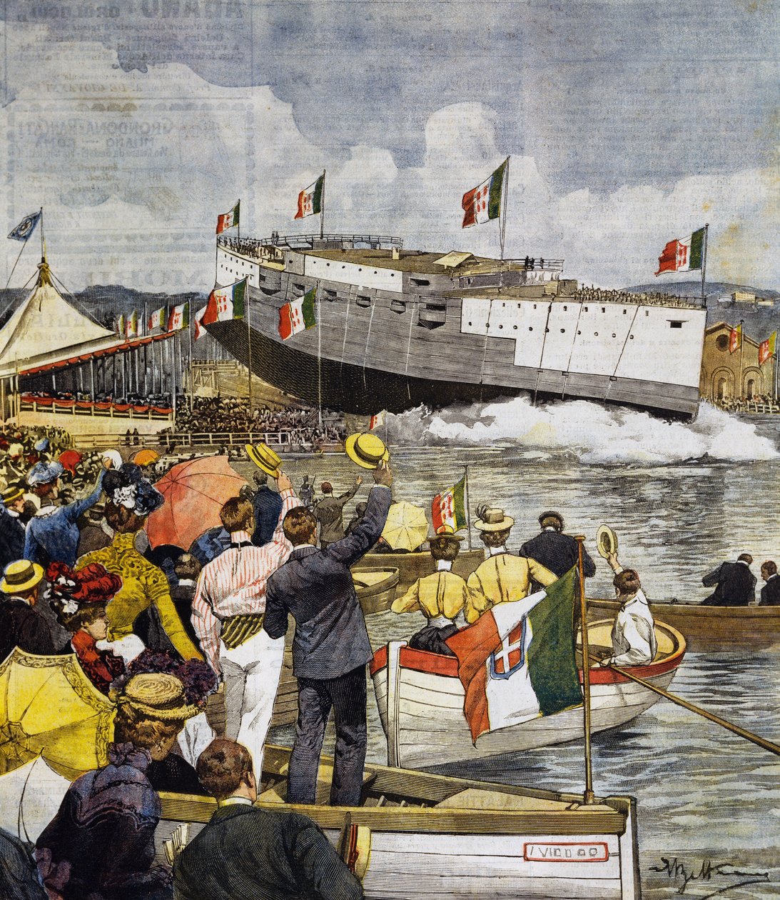 Lancement du cuirassé Regina Margherita à La Spezia, panneau par Achille Beltrame, La Domenica del Corriere, 9 juin - Achille Beltrame