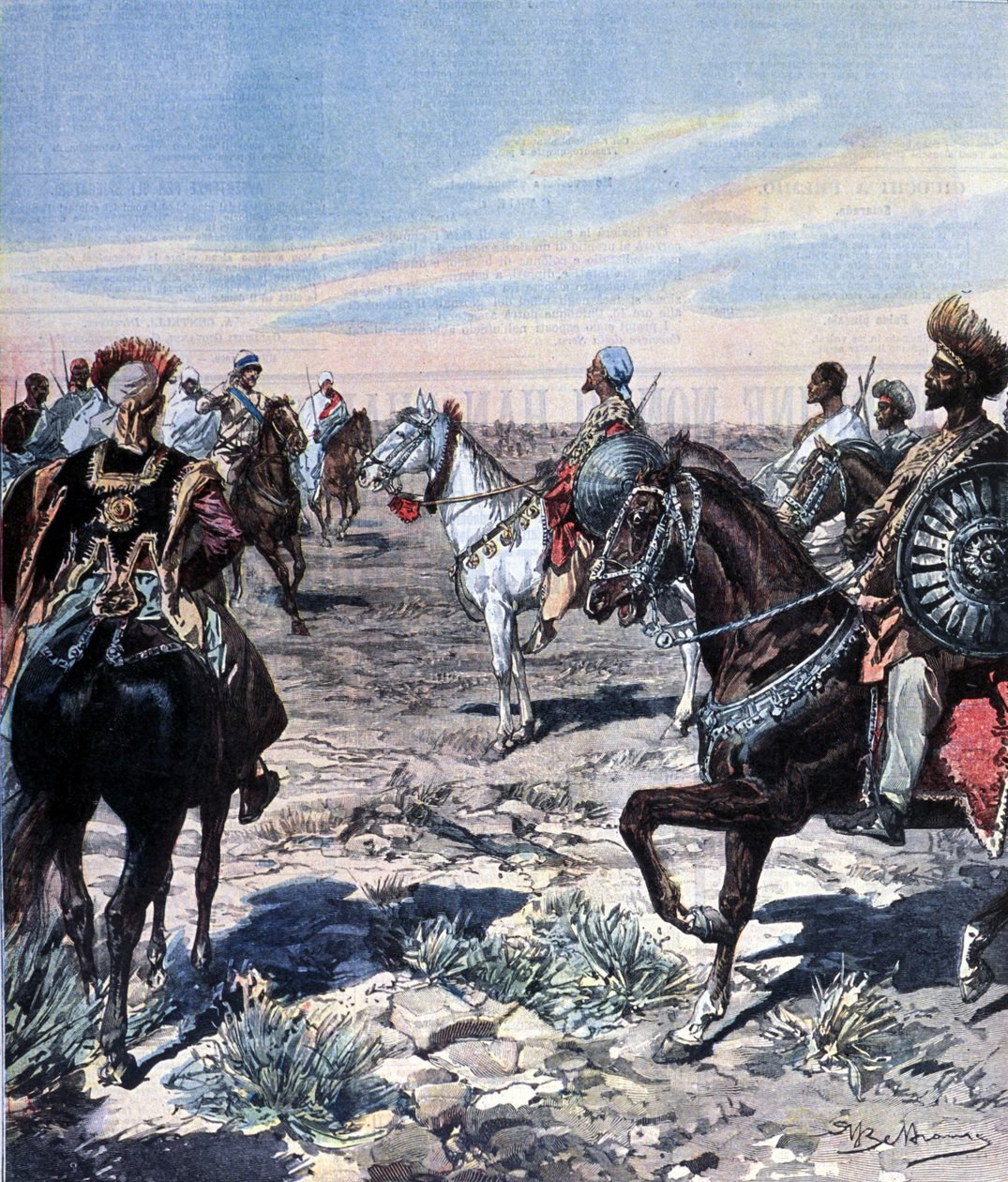 Le capitaine Mozzetti sur le camp du Ras Makonnen (Mekonnen Welde Mikael) (Abba Qagnew) (1852-1906) en Éthiopie. Illustration de Beltrame. La Domenica del corriere. 1899 - Achille Beltrame