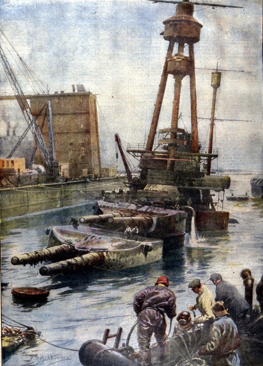 Le cuirassé allemand Hindenburg, coulé à Scapa Flow en Écosse, est revenu à la surface grâce à la flotte anglaise après 7 ans passés au fond des océans. Illustration de Beltrame. La Domenica del Corriere - Achille Beltrame