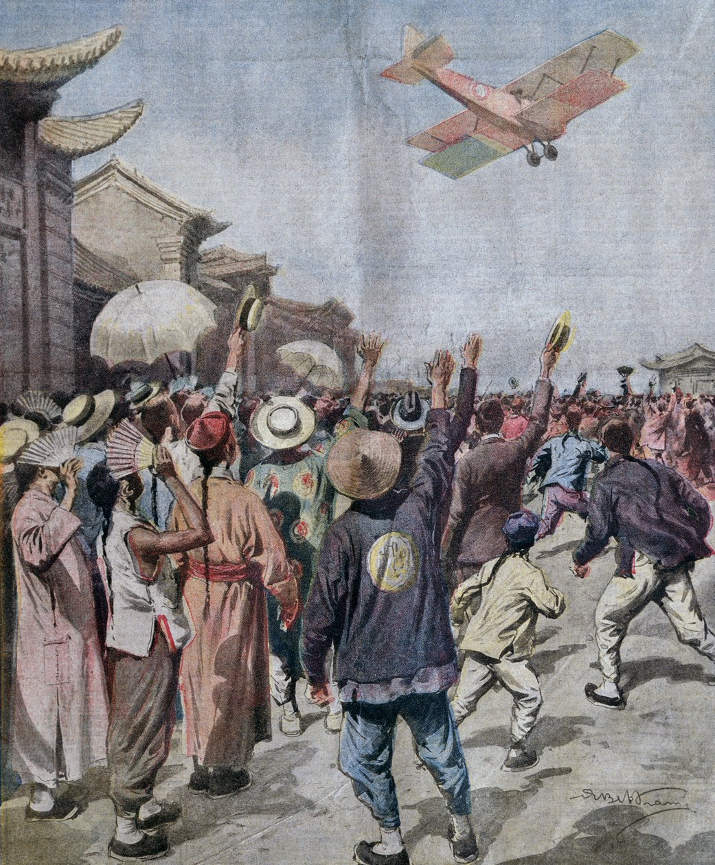 Lieutenant Arturo Ferrarin, participant au raid Rome-Tokyo, arrivant apparaissant dans le ciel de Shanghai, illustration par Achille Beltrame de La Domenica del Corriere, 16 mai - Achille Beltrame