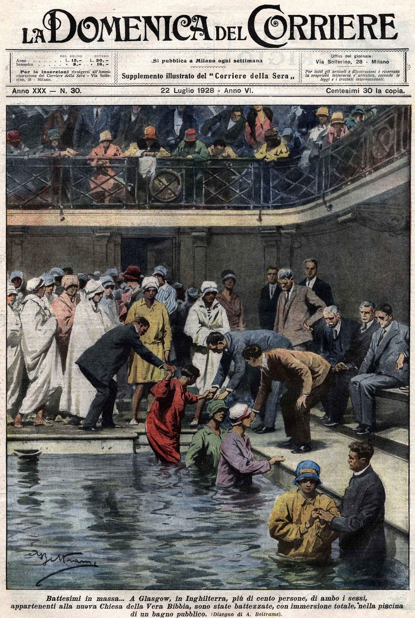 Baptêmes de masse : à Glasgow, en Écosse, plus de cent personnes, membres de la nouvelle Église de la Vraie Bible, ont été baptisées dans la piscine municipale. Illustration de Beltrame. La Domenica del Corriere. 22/07/1928 - Achille Beltrame