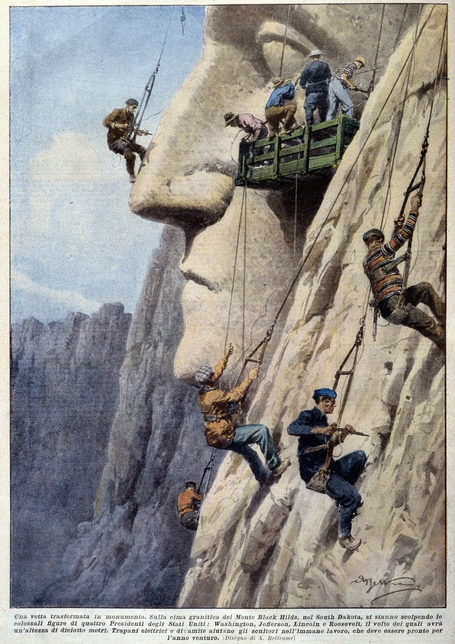 Hommes escaladant une falaise de granit et sculpteurs au travail, pour la construction du monument des présidents américains du Mont Rushmore - dessin par A. Beltrame, dans « La Domenica del Corriere » - Achille Beltrame