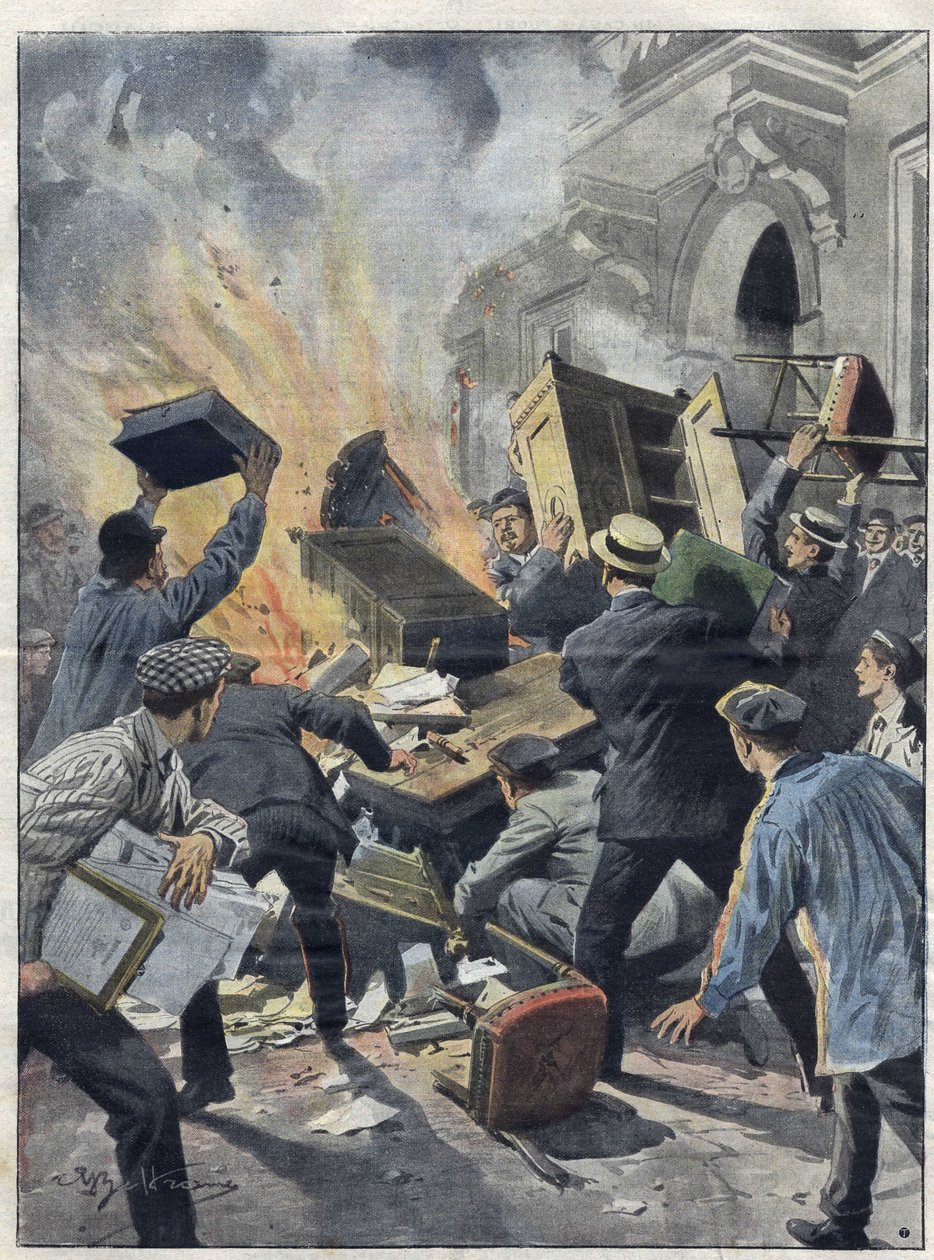 Crise du vin du Midi en 1907 : les vignerons incendient la mairie de Béziers (Hérault). Illustration d