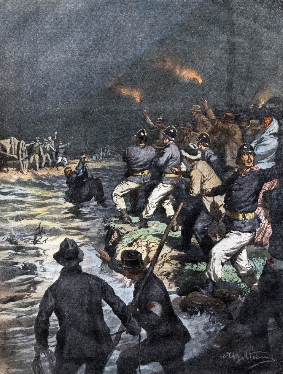 Sauvetage miraculeux de charretiers bloqués sur une île de la rivière Serio près de Bergame - Illustration de Beltrame dans "La Domenica del Corriere" 10/1909 - Achille Beltrame