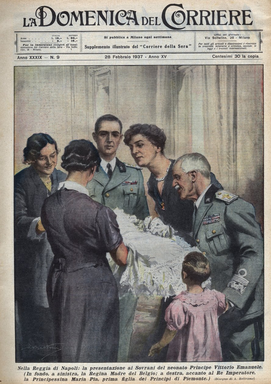 Présentation du prince Vittorio Emanuele, enfant, aux souverains, à gauche la reine mère des Belges Élisabeth de Bavière (1876-1965), à droite Victor-Emmanuel (Victor Emmanuel) (Vittorio Emanuele) III de Savoie, et en arrière-plan le père - Achille Beltrame