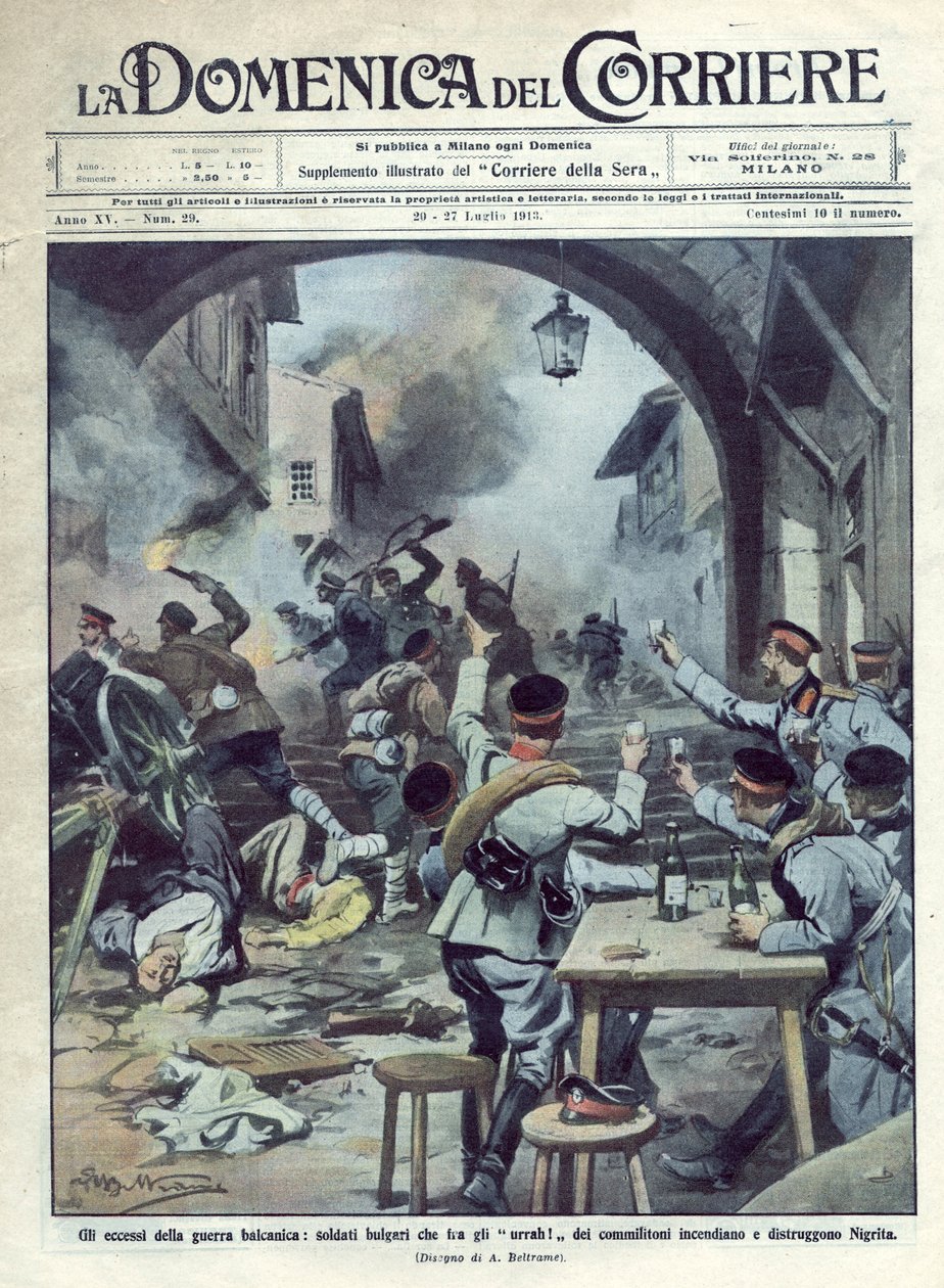 Deuxième guerre balkanique (1913) entre la Bulgarie et la Grèce et la Turquie : les soldats bulgares incendient et détruisent Nigrita en Grèce. La Domenica del Corriere. 07/1913. Illustration de Beltrame. - Achille Beltrame