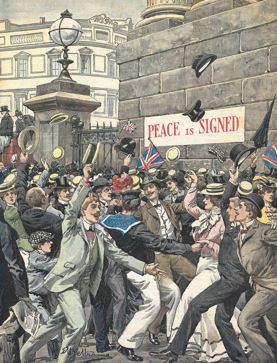 Seconde Guerre des Boers. Annonce de la fin de la guerre dans les rues de Londres. Illustration par Antonio Beltrame. « La Domenica del Corriere » - Achille Beltrame