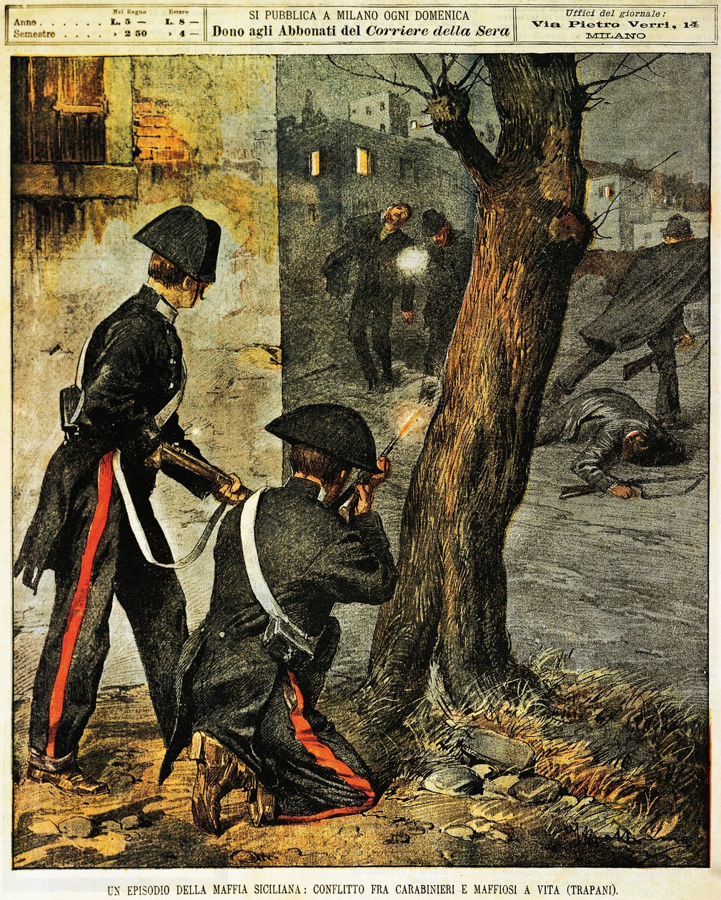 Événement de la mafia sicilienne, Combat entre carabiniers et gangsters de la mafia à Trapani, illustration d