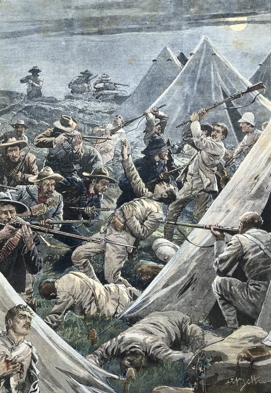 Afrique du Sud. Seconde Guerre des Boers. Attaque du camp anglais de Tweefontein (1902). Illustration par Achille Beltrame. Gravure. - Achille Beltrame