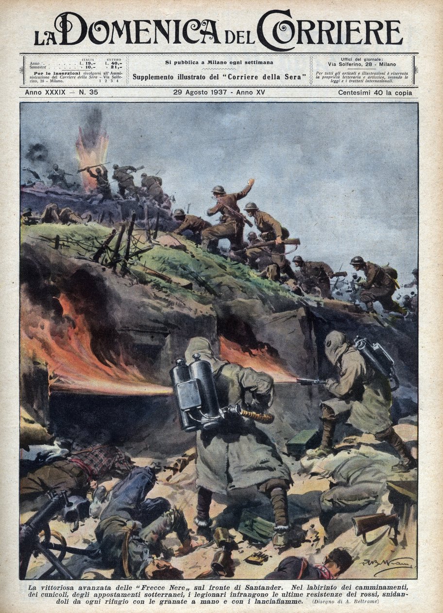 Guerre civile espagnole : Avancée des brigades « Frecce nere » sur le front de Santander. Illustration d
