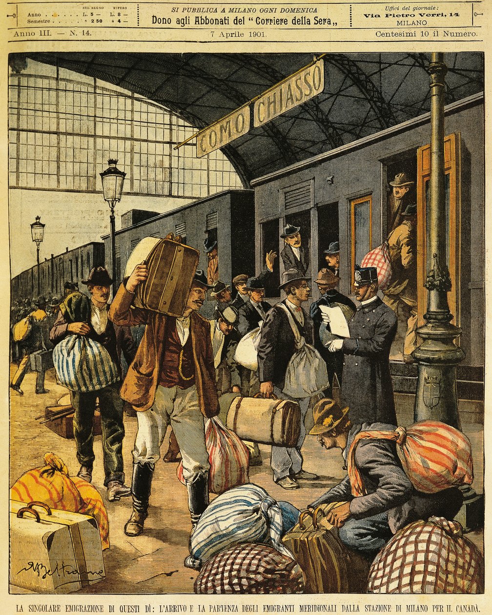 La Grande Émigration : arrivées et départs des émigrants italiens du sud vers le Canada, par Achille Beltrame (1871-1945), de La Domenica del Corriere, 7 avril 1901 - Achille Beltrame