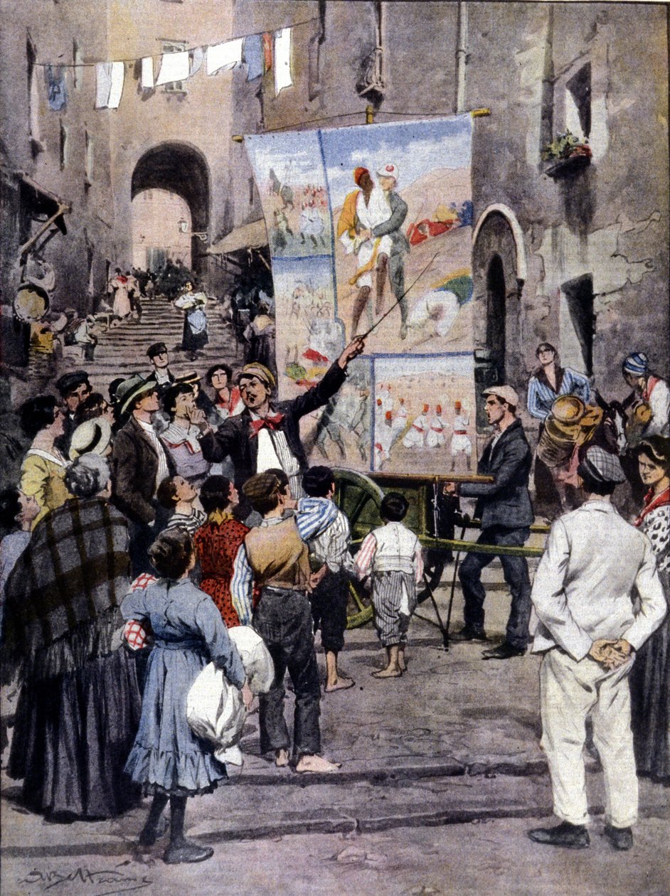 La Poésie de la Guerre : Les dernières chansons populaires inspirées par la guerre de Libye sont chantées dans les rues de Naples par des artistes de rue. Ill. de Beltrame. La Domenica del Corriere. 1912 - Achille Beltrame