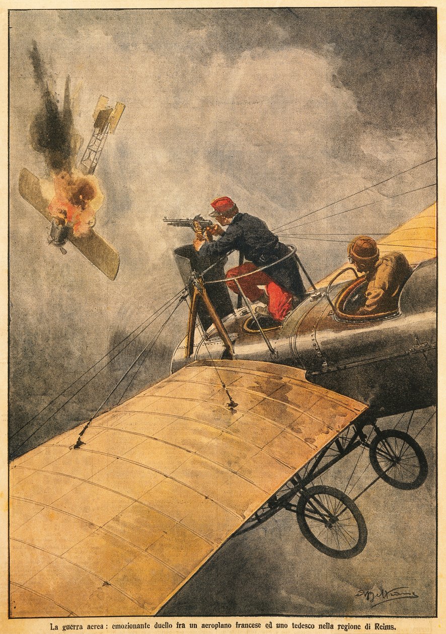La guerre dans les airs : Duel entre un avion français et un avion allemand dans le ciel de Reims, par Achille Beltrame, de La Domenica del Corriere, 25 octobre 1914 - Achille Beltrame