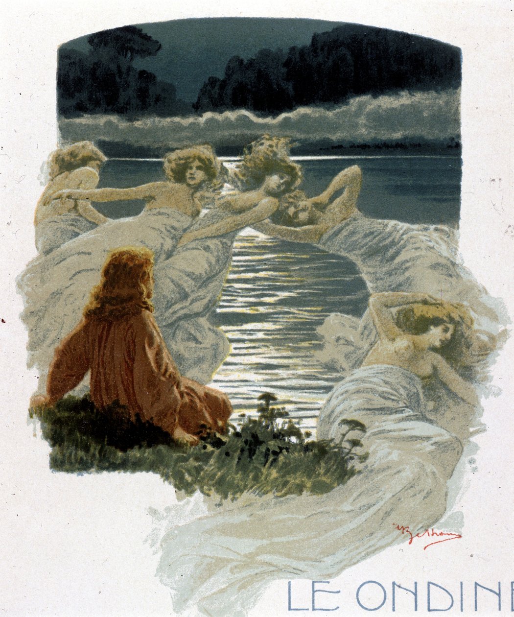 Les personnages des ondines, jeunes nymphes des eaux de la mythologie germanique. Illustration par A. Beltrame. - Achille Beltrame