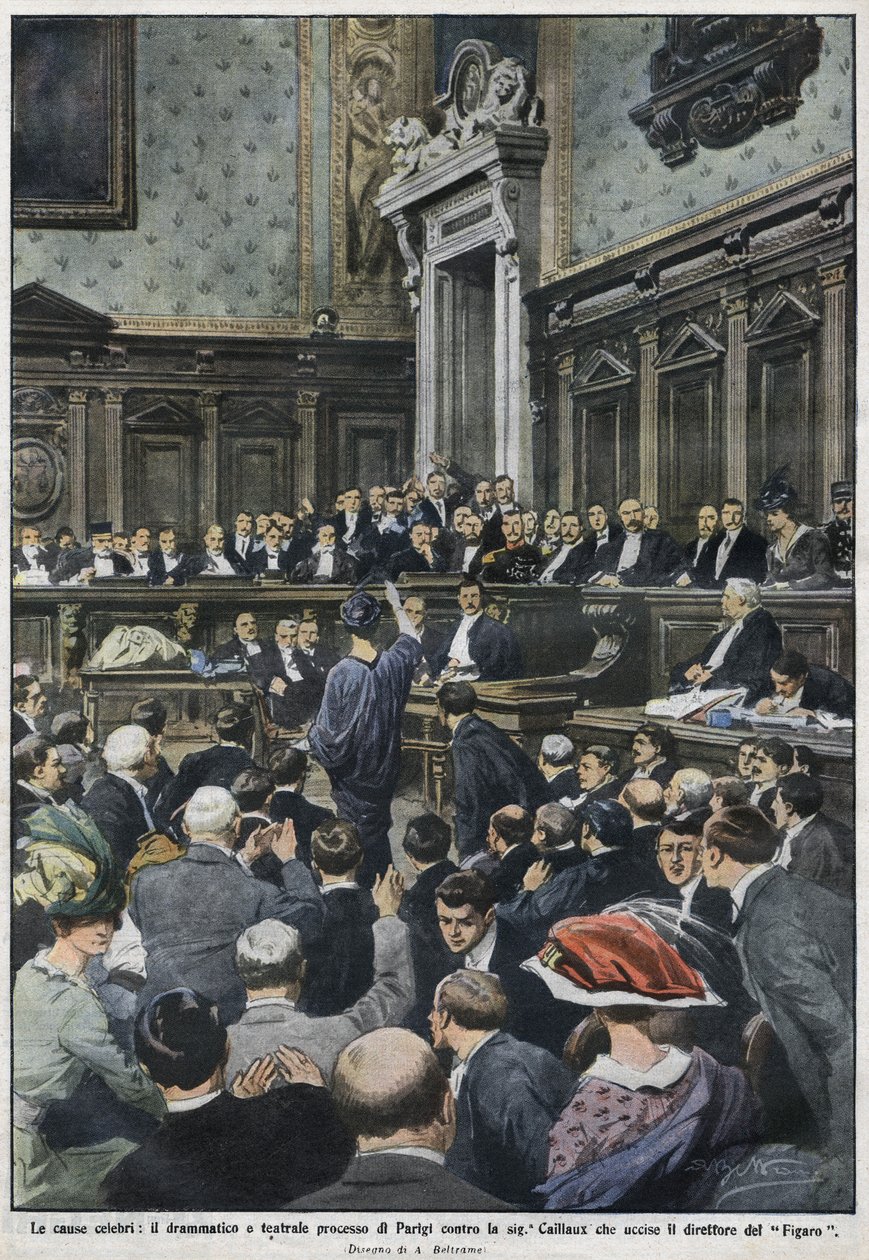 Le grand procès : le grand procès à Paris par Madame Caillaux qui a assassiné le directeur du Figaro. "La Domenica del Corriere", 22 au 29 novembre 1914 - Achille Beltrame