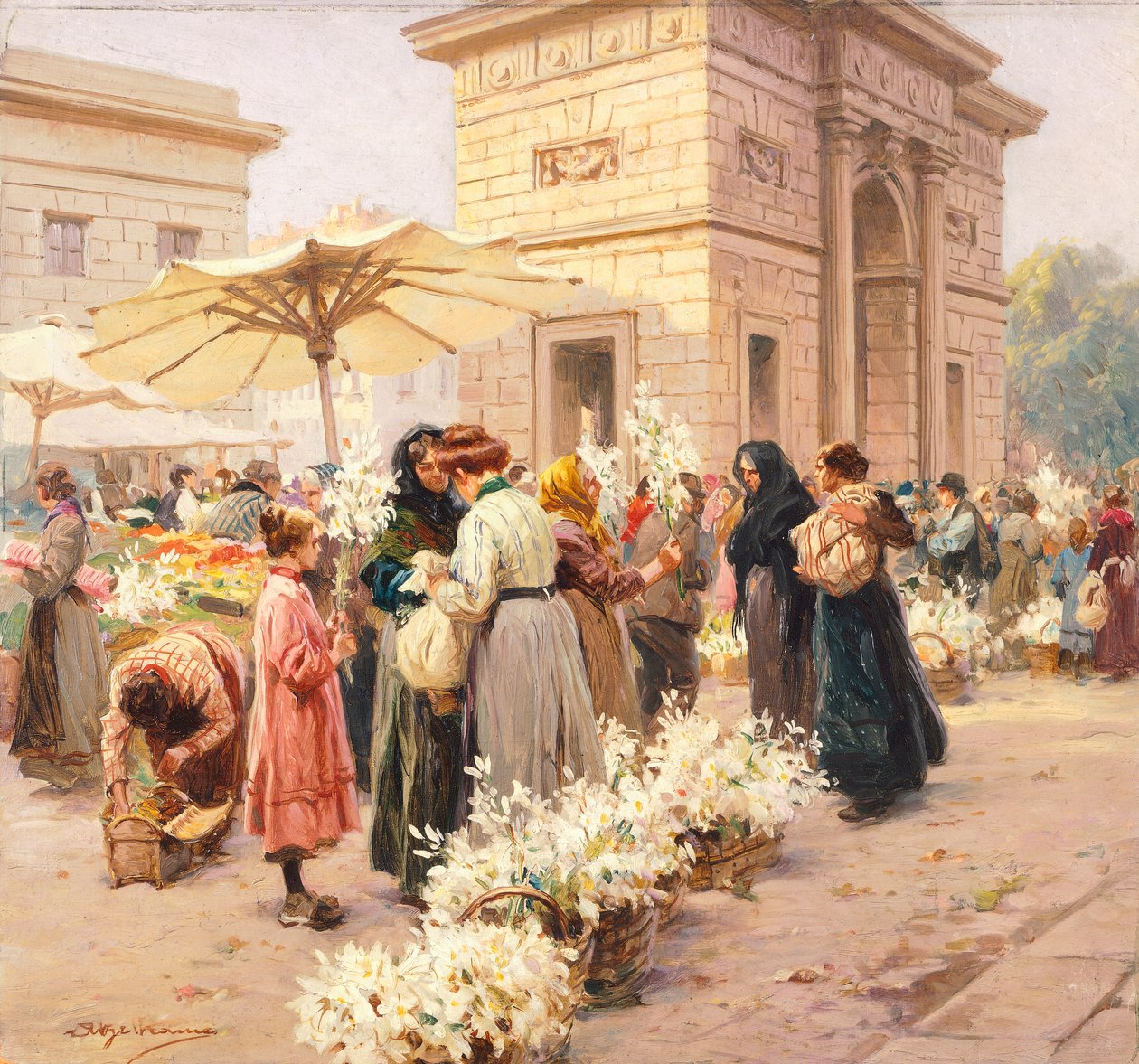 Le marché aux lys à Porta Garibaldi à Milan, par Achille Beltrame (1871-1945), de La Domenica del Corriere, Italie 20e siècle - Achille Beltrame