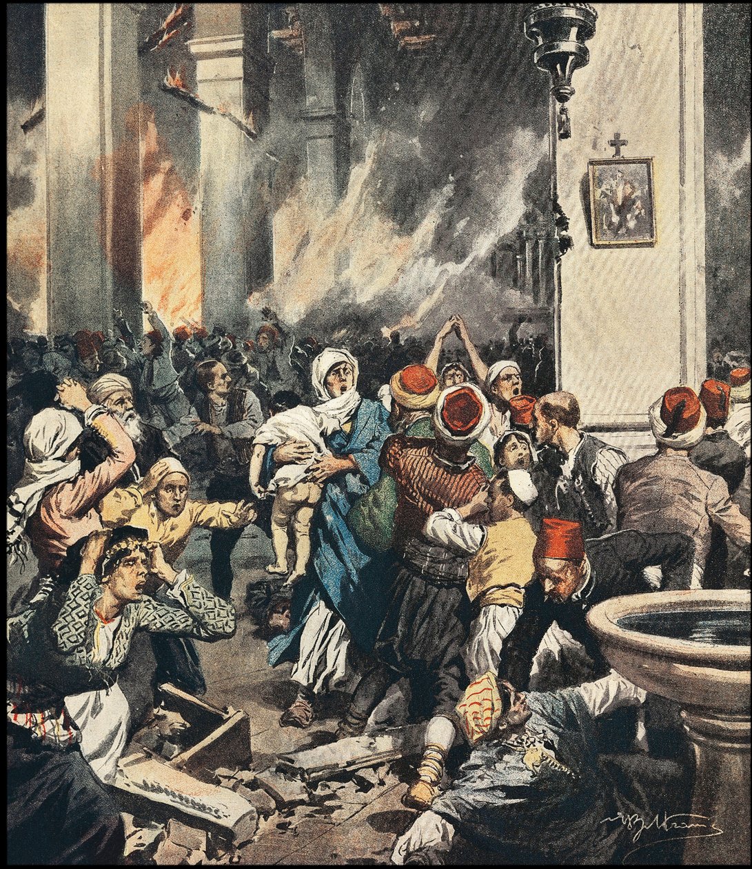 Les massacres des Arméniens en Turquie en 1909 à Adana, illustration par Achille Beltrame (1871-1945) dans « La Domenica del Corriere » de mai 1909 - Achille Beltrame
