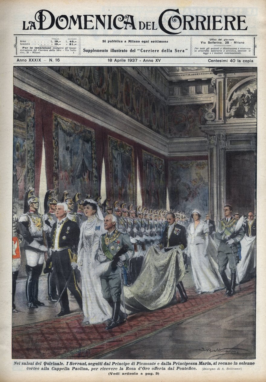 Le couple royal, Victor Emmanuel III (1869-1947) et son épouse Hélène de Monténégro suivis par le prince Humbert II et Marie José (Marie-José de Belgique, Maria José de Savoie) se rendent à la chapelle Paolina - Achille Beltrame