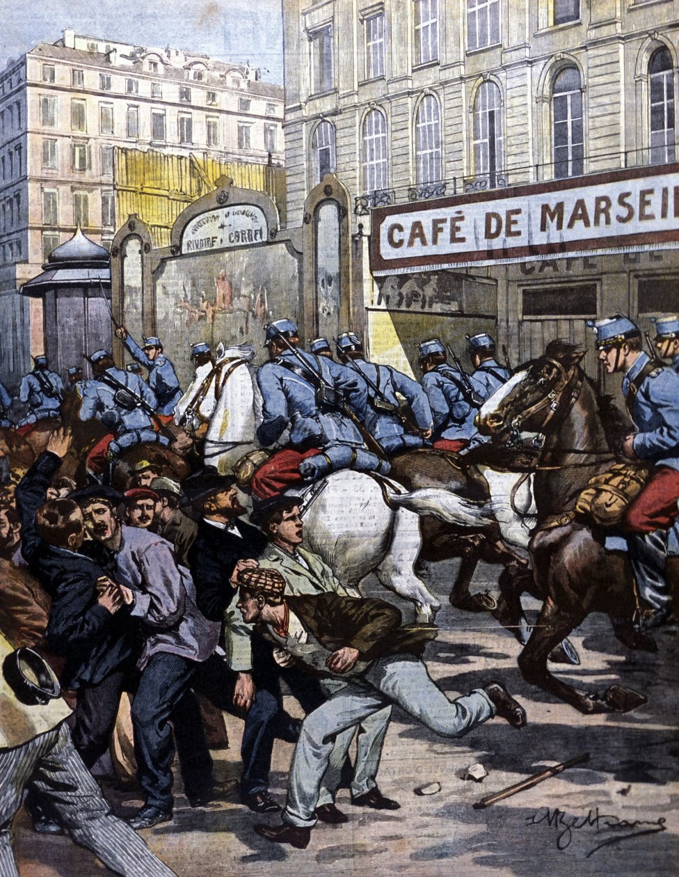 Les grèves ouvrières à Marseille : les hussards chargent sur la Canebière. Illustration de Beltrame. La Domenica del corriere. 1901 - Achille Beltrame