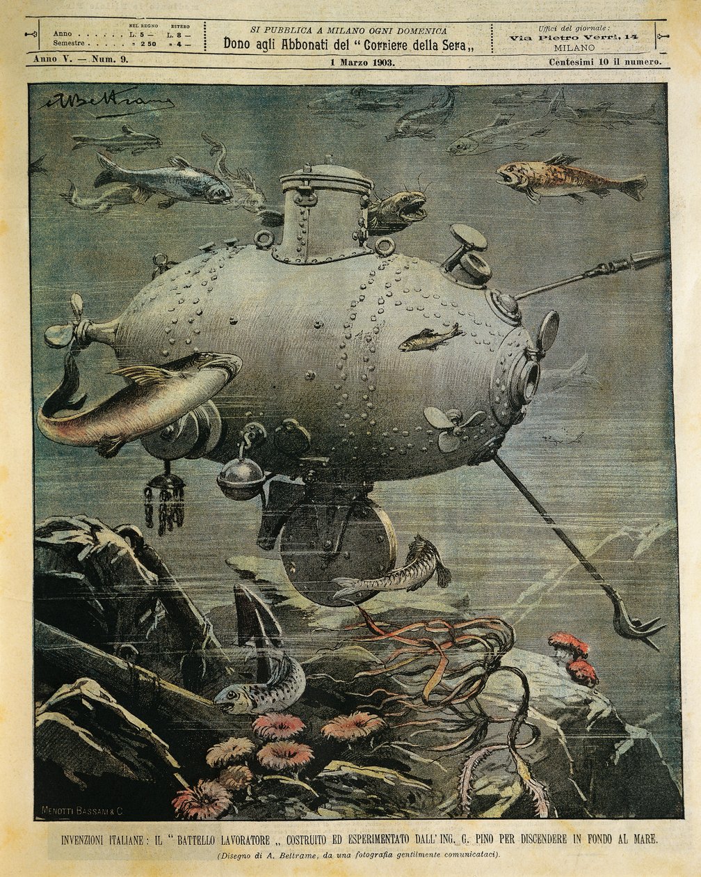 Vaisseau sous-marin pour explorer les fonds marins, illustration par Achille Beltrame - Achille Beltrame