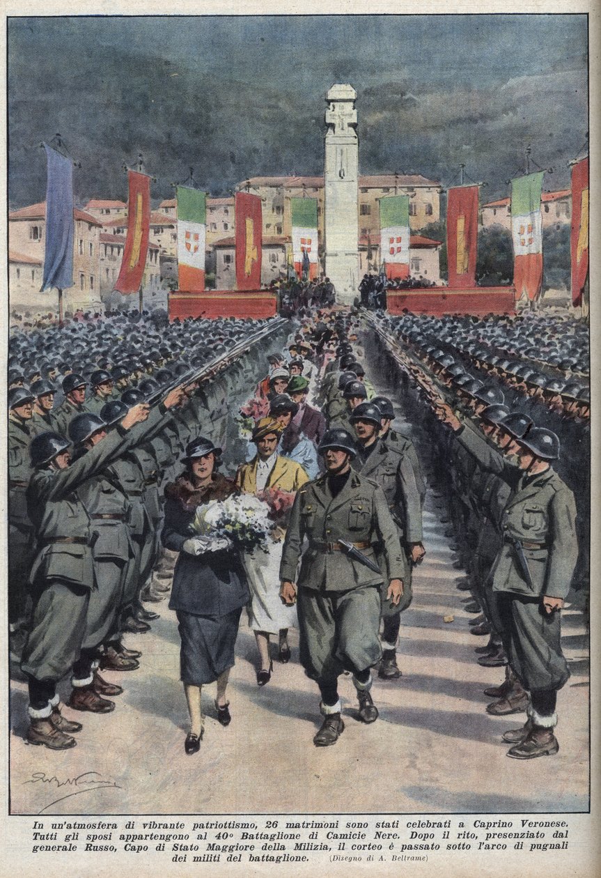 Cérémonie de mariage des membres des chemises noires (camicie nere) à Caprino Veronese en Vénétie. Illustration d