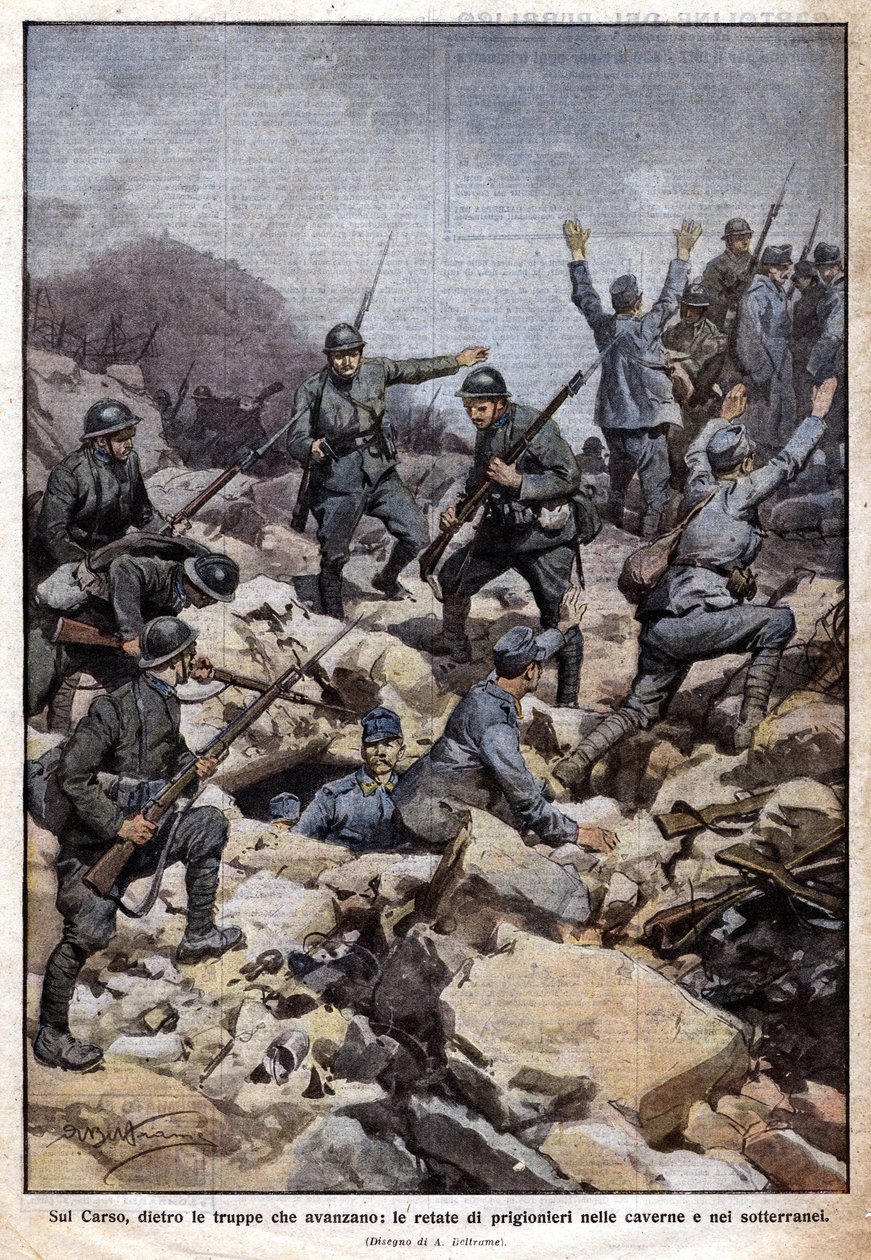 Première Guerre mondiale : front italien sur le plateau du Carso (Trentin) et prisonniers dans les souterrains. « Domenica del Corriere ». 07/1917 - Achille Beltrame