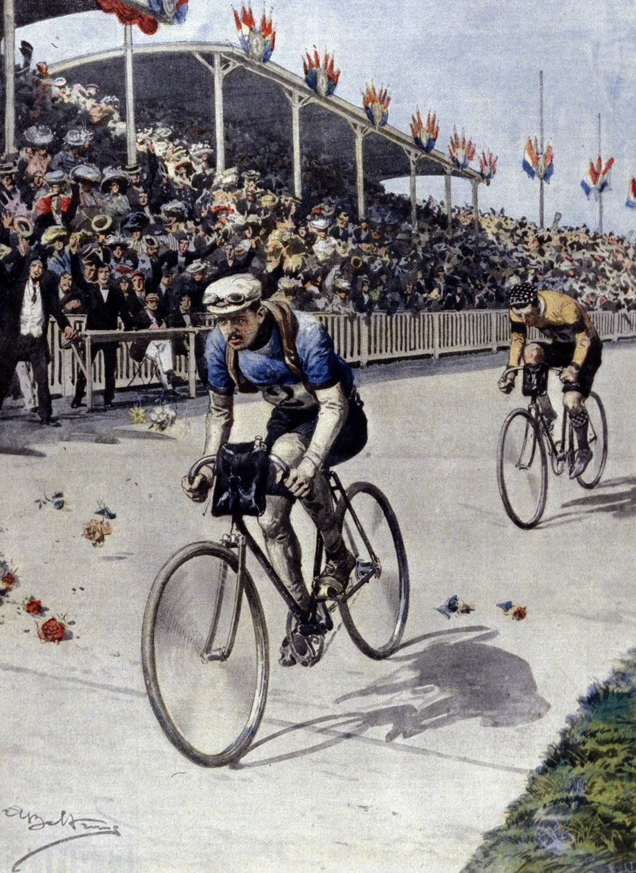 Cycliste Peer Breton, vainqueur du Tour de France en 1908. Illustration par Achille Beltrame - Achille Beltrame