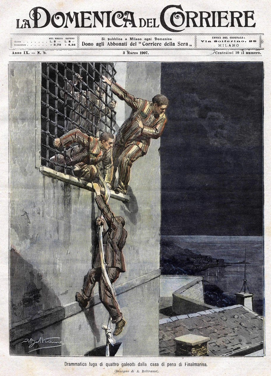 Évasion de trois prisonniers de la prison de Finalmarina en Italie en 1907. Illustration d