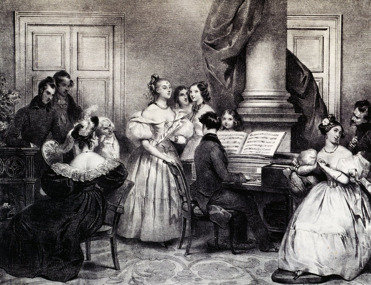 Concert familial avec piano, par Achille Deveria (1800-1857), gravure, France - Achille Devéria