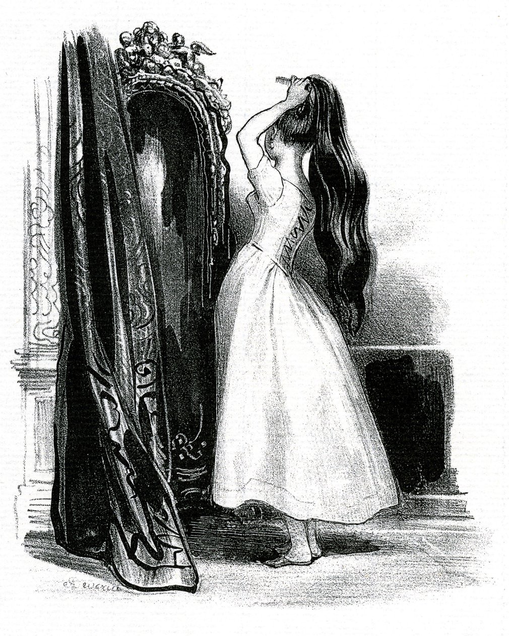 Madame Bovary, pour le roman de Gustave Flaubert - Emma Bovary entasse ses longs cheveux devant son miroir - Achille Devéria
