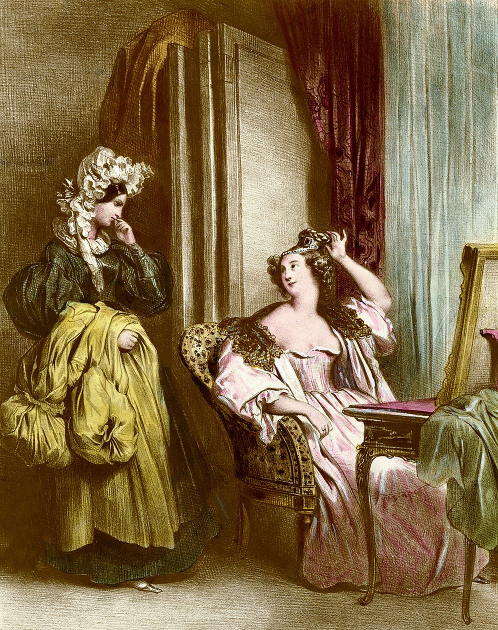 La toilette : une jeune femme élégante avec sa servante. Lithographie par Achille Devéria (1800-1857) 19ème siècle Collection Particulière - Achille Devéria