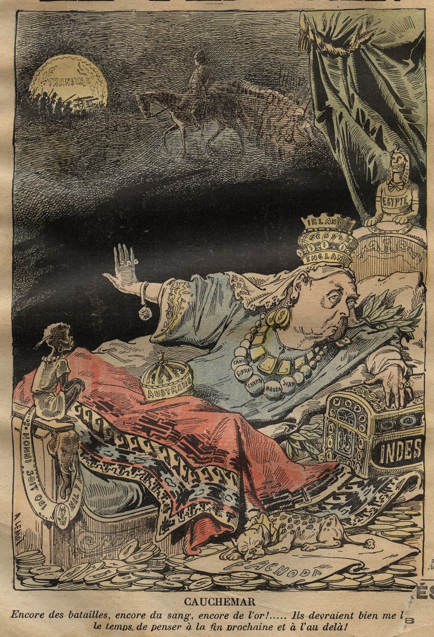 Caricature de la reine Victoria par Achille Lemot (1846-1909) - 1899 - Cauchemar - plus de batailles, plus de sang, plus d