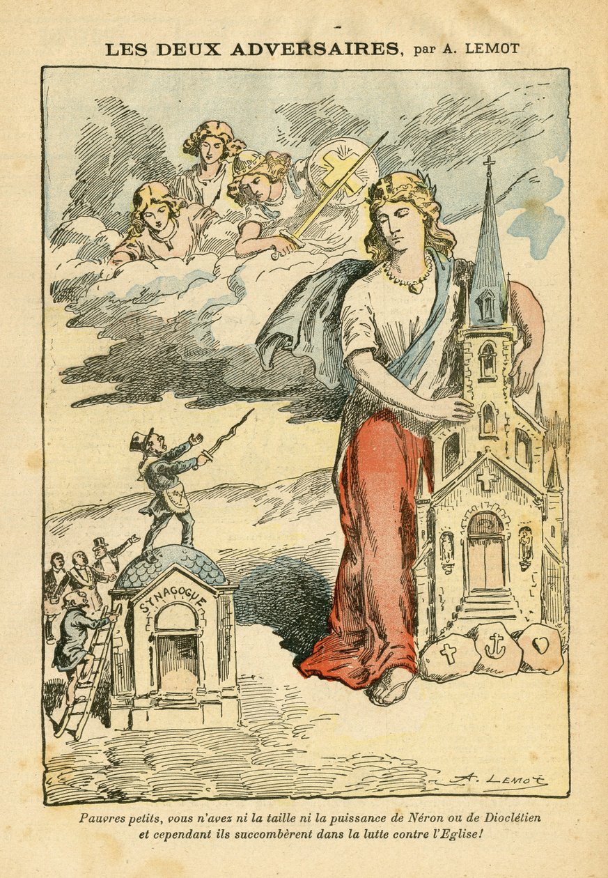 Illustration par Achille Lemot dans Le Pèlerin, 09/09/06 - Les deux adversaires - Antisémitisme, Religion Foi, Drapeau tricolore, Cathédrale Églises, Synagogue, Catholicisme - Allégorie, Changement d