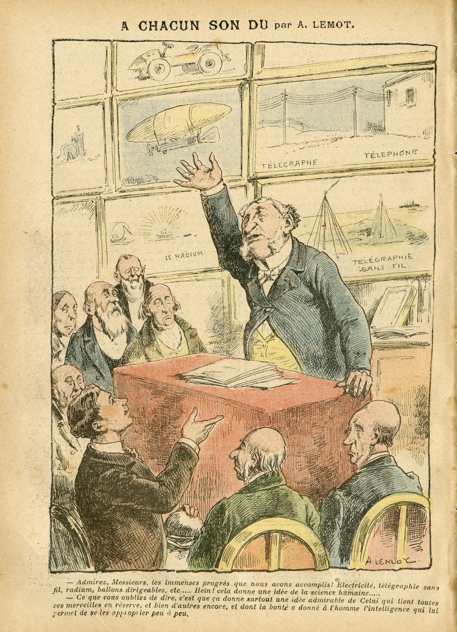 Illustration par Achille Lemot (1846-1909) dans Le Pèlerin, 22/09/07 - Modernité, Automobile, Religion Foi, Athéisme, Progrès, Télégraphe, Télégraphie sans fil, Téléphone, Radium, Catholicisme - Intellectuel - Achille Lemot
